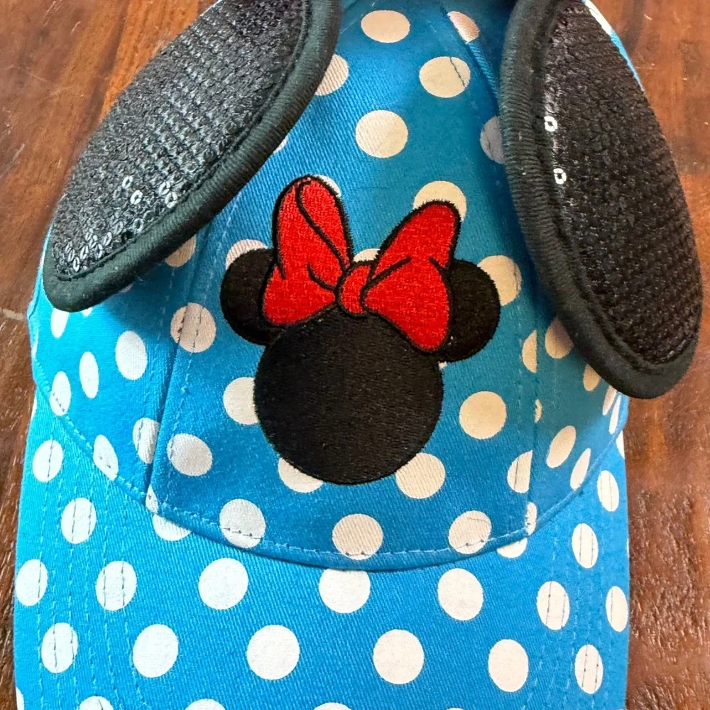Disney Minnie Mouse Polka Dot Snapback Hat Blue Sequin Ears Red Bow Baseball Cap
